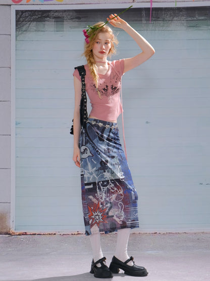 Graffiti Print High Waist Sheer Midi Skirt【s0000013099】