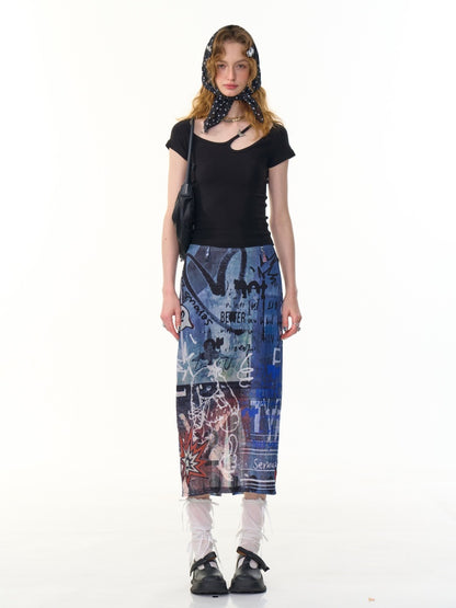 Graffiti Print High Waist Sheer Midi Skirt【s0000013099】