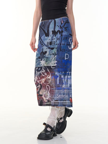 Graffiti Print High Waist Sheer Midi Skirt【s0000013099】