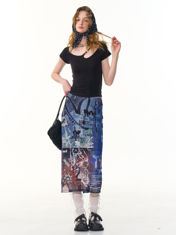 Graffiti Print High Waist Sheer Midi Skirt【s0000013099】
