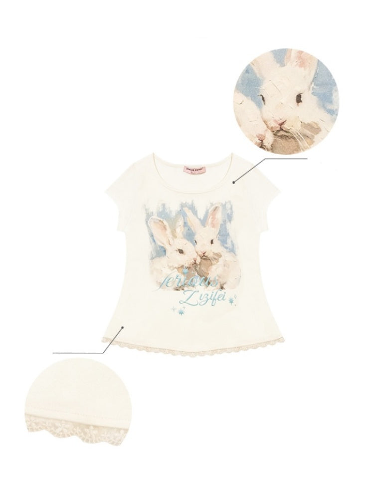 Rabbit Print Lace Hem Round Neck Short Sleeve T-Shirt【s0000013100】