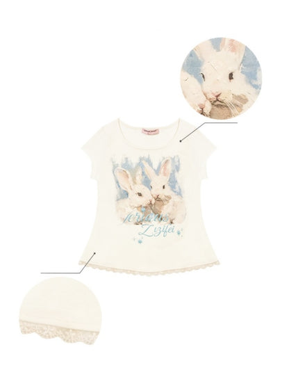 Rabbit Print Lace Hem Round Neck Short Sleeve T-Shirt【s0000013100】