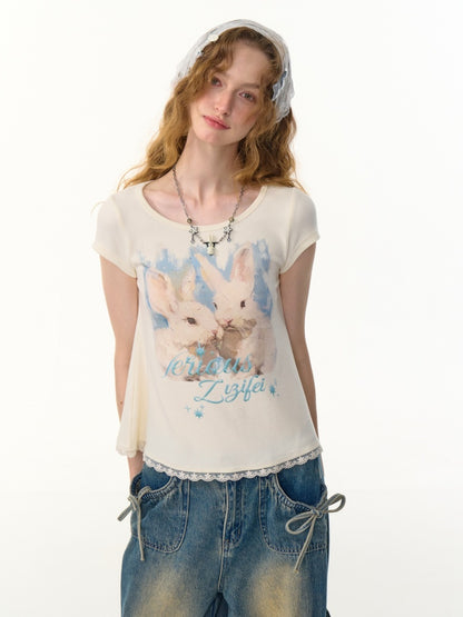 Rabbit Print Lace Hem Round Neck Short Sleeve T-Shirt【s0000013100】