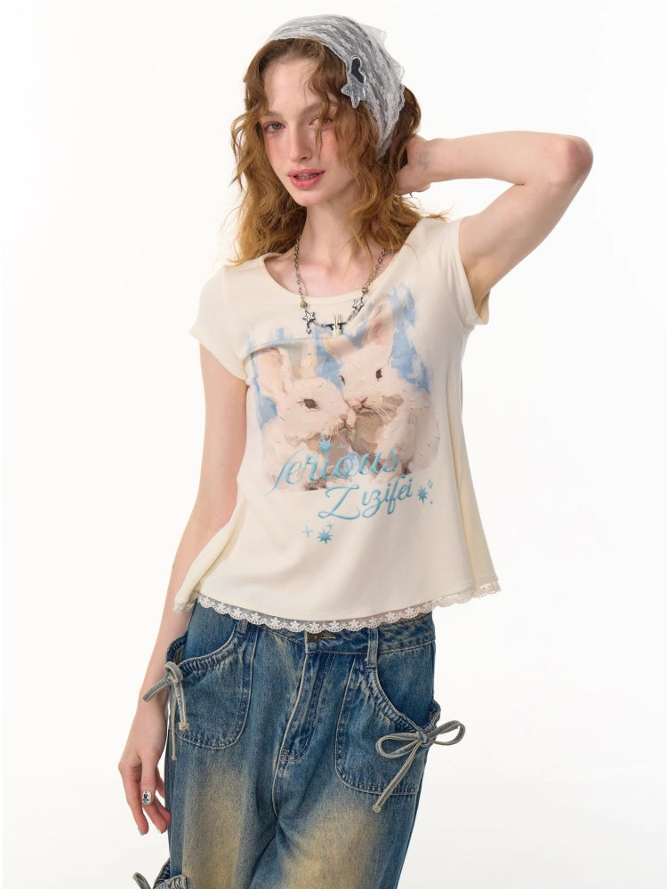 Rabbit Print Lace Hem Round Neck Short Sleeve T-Shirt【s0000013100】