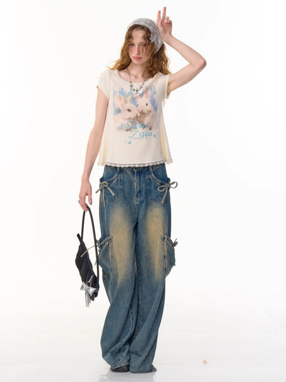 Rabbit Print Lace Hem Round Neck Short Sleeve T-Shirt【s0000013100】