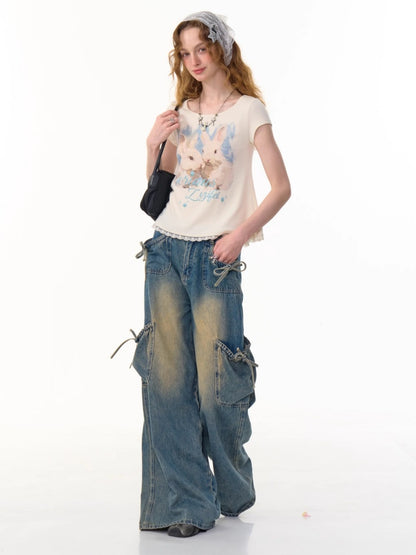 Rabbit Print Lace Hem Round Neck Short Sleeve T-Shirt【s0000013100】