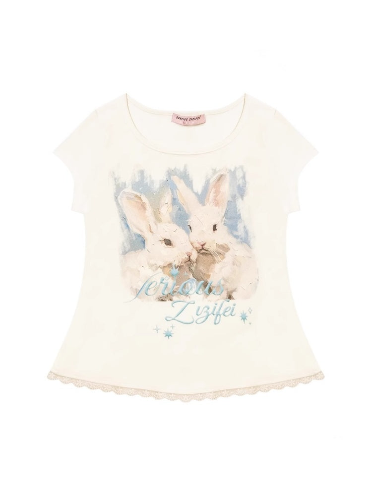 Rabbit Print Lace Hem Round Neck Short Sleeve T-Shirt【s0000013100】
