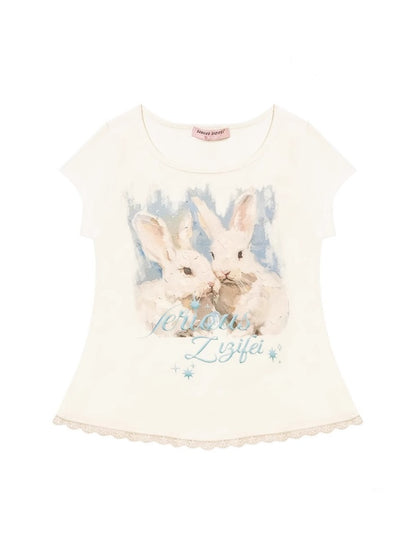 Rabbit Print Lace Hem Round Neck Short Sleeve T-Shirt【s0000013100】