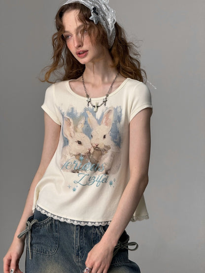 Rabbit Print Lace Hem Round Neck Short Sleeve T-Shirt【s0000013100】
