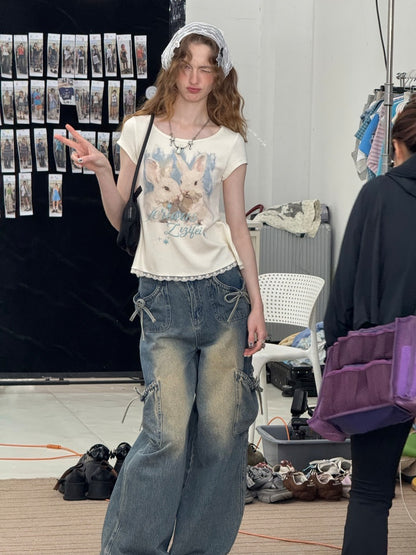 Rabbit Print Lace Hem Round Neck Short Sleeve T-Shirt【s0000013100】