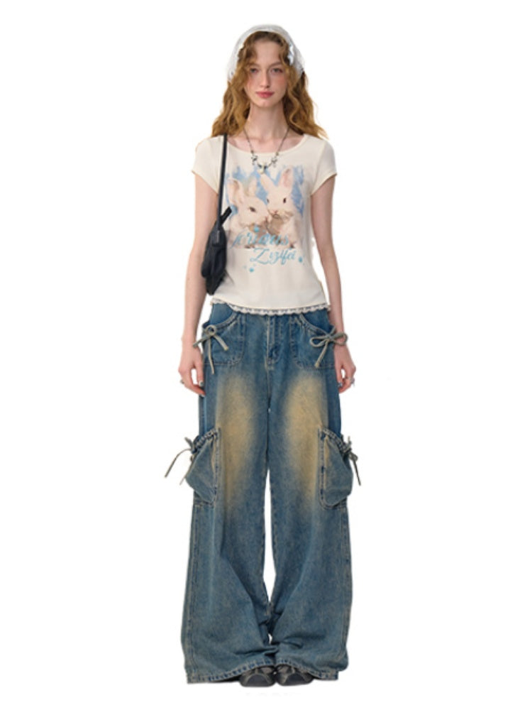 Rabbit Print Lace Hem Round Neck Short Sleeve T-Shirt【s0000013100】