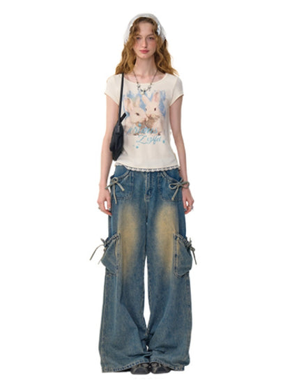 Rabbit Print Lace Hem Round Neck Short Sleeve T-Shirt【s0000013100】