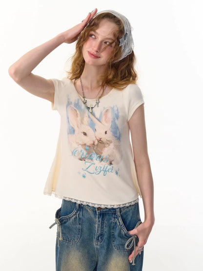 Rabbit Print Lace Hem Round Neck Short Sleeve T-Shirt【s0000013100】
