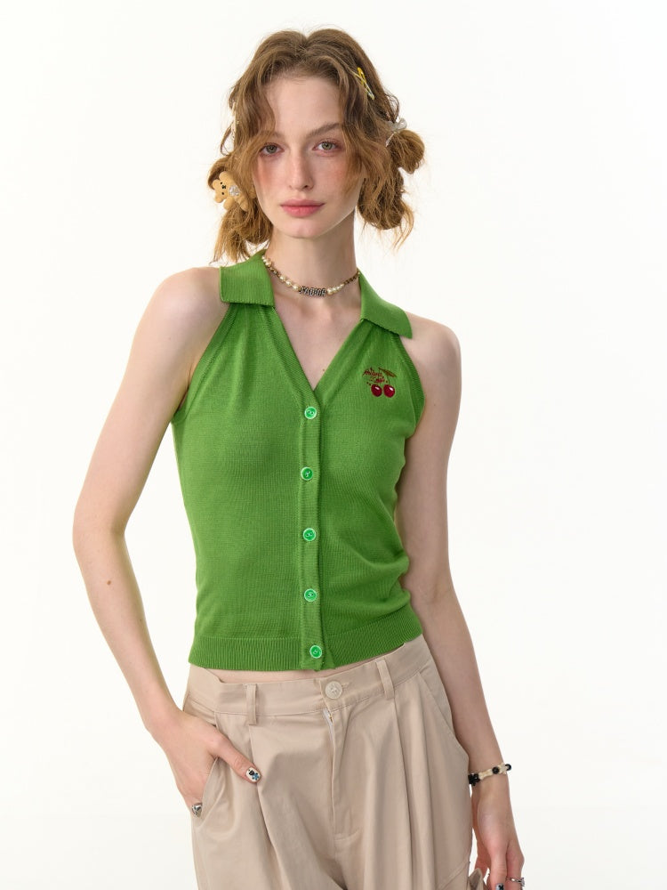 Sleeveless Cropped Cherry Embroidery Polo Neck Cardigan【s0000013101】