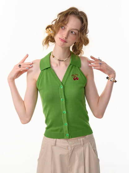 Sleeveless Cropped Cherry Embroidery Polo Neck Cardigan【s0000013101】