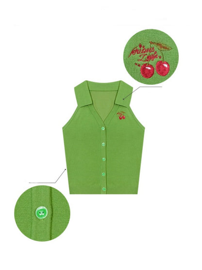 Sleeveless Cropped Cherry Embroidery Polo Neck Cardigan【s0000013101】