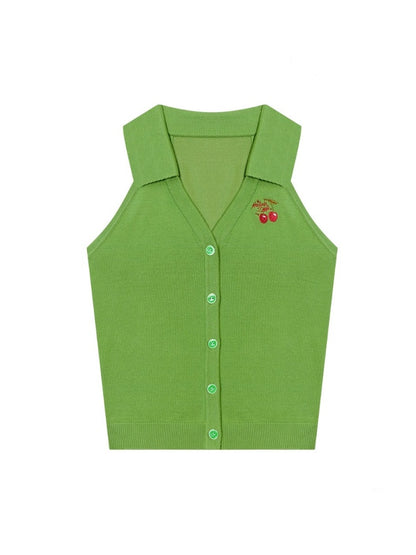 Sleeveless Cropped Cherry Embroidery Polo Neck Cardigan【s0000013101】