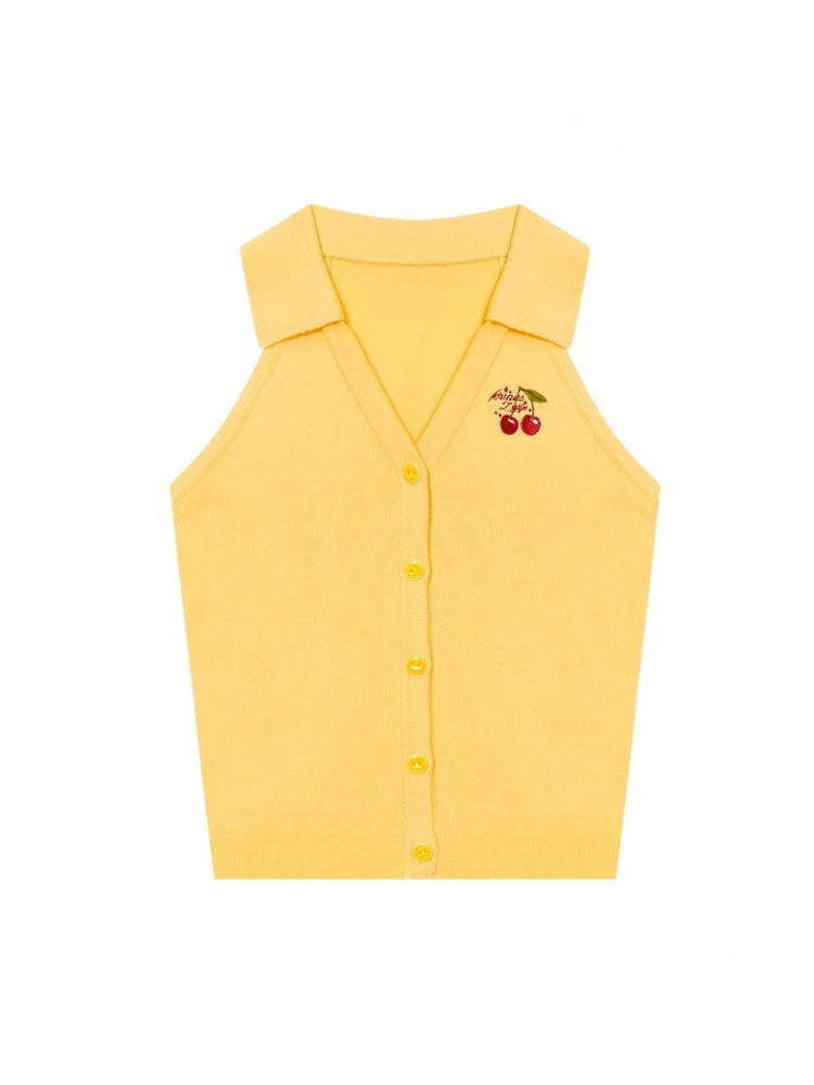 Sleeveless Cropped Cherry Embroidery Polo Neck Cardigan【s0000013101】