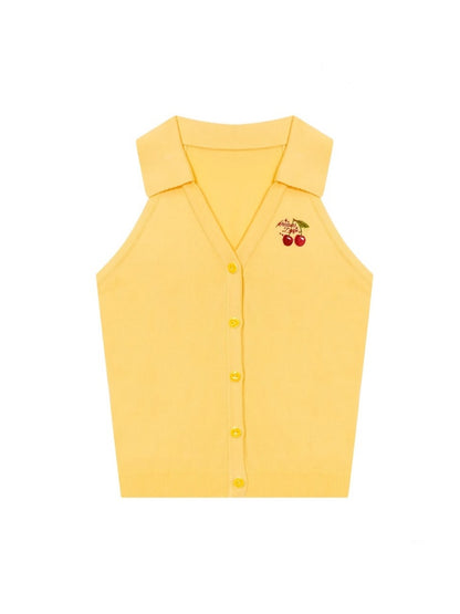 Sleeveless Cropped Cherry Embroidery Polo Neck Cardigan【s0000013101】