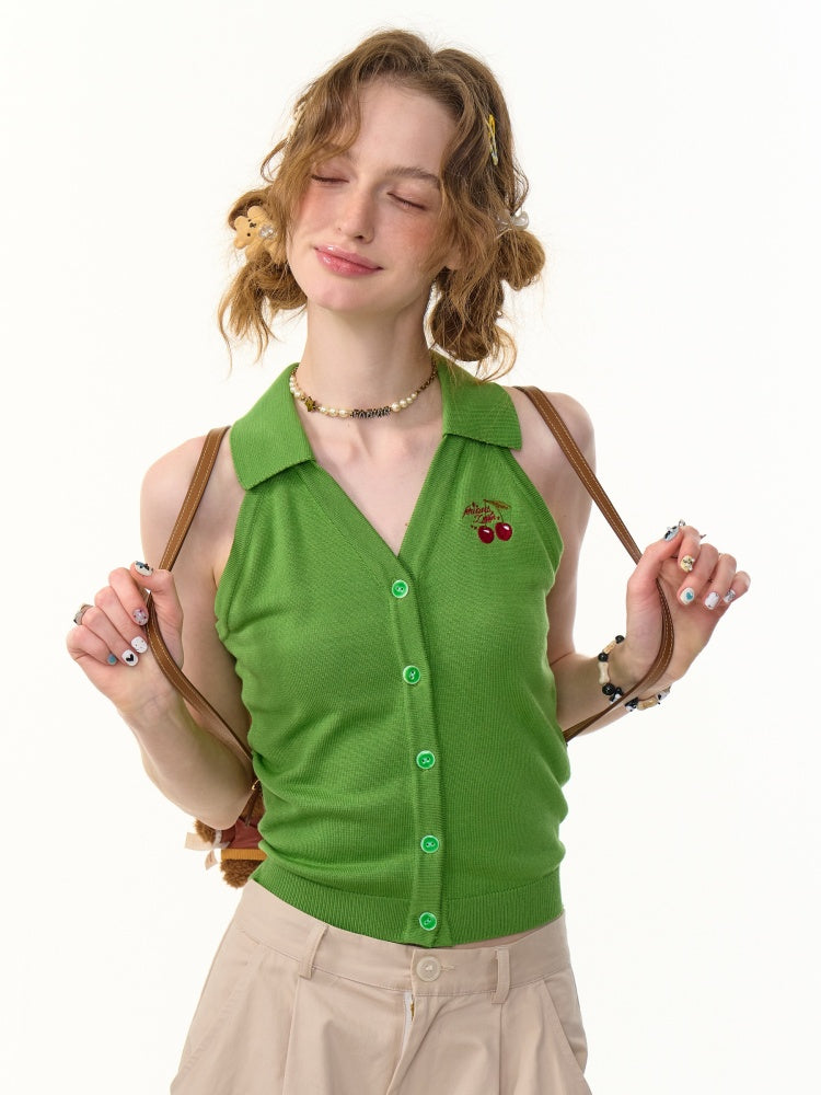 Sleeveless Cropped Cherry Embroidery Polo Neck Cardigan【s0000013101】