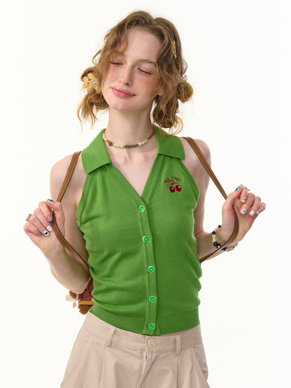 Sleeveless Cropped Cherry Embroidery Polo Neck Cardigan【s0000013101】