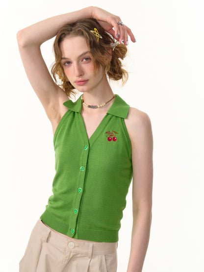 Sleeveless Cropped Cherry Embroidery Polo Neck Cardigan【s0000013101】