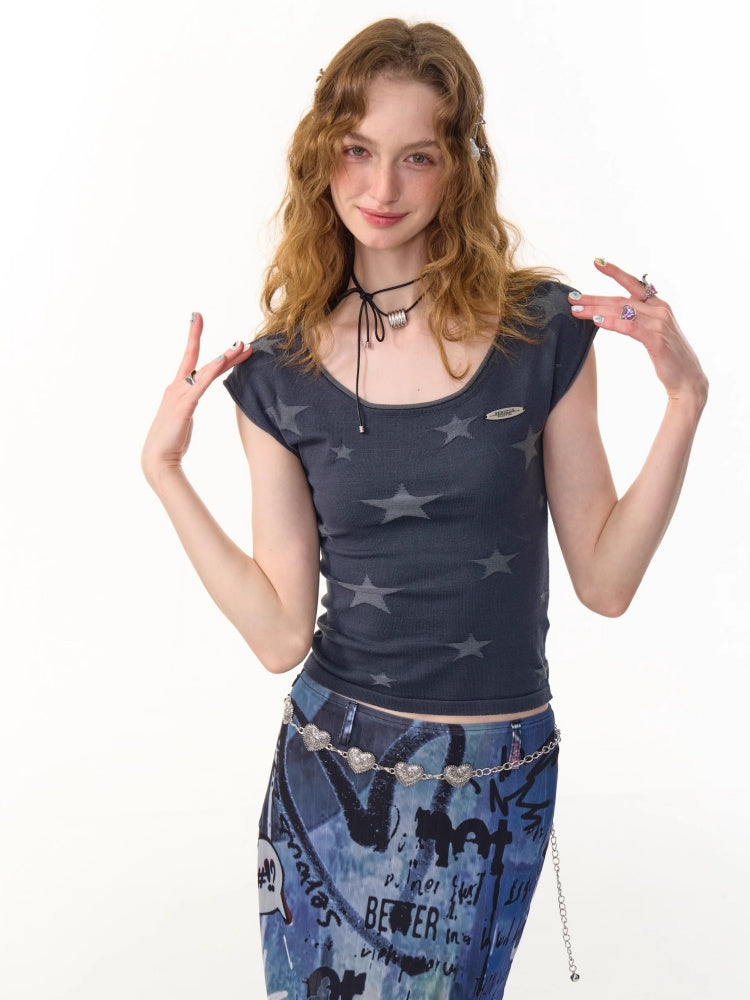 Star Embroidery Round Neck Short Sleeve T-Shirt【s0000013102】