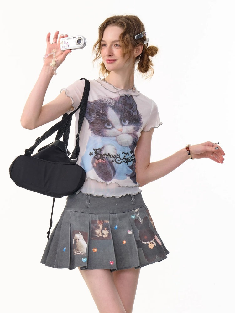 Ruffle Hem Kitten Print Faux Layered T-Shirt【s0000013103】