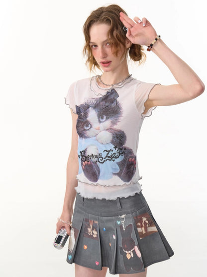 Ruffle Hem Kitten Print Faux Layered T-Shirt【s0000013103】
