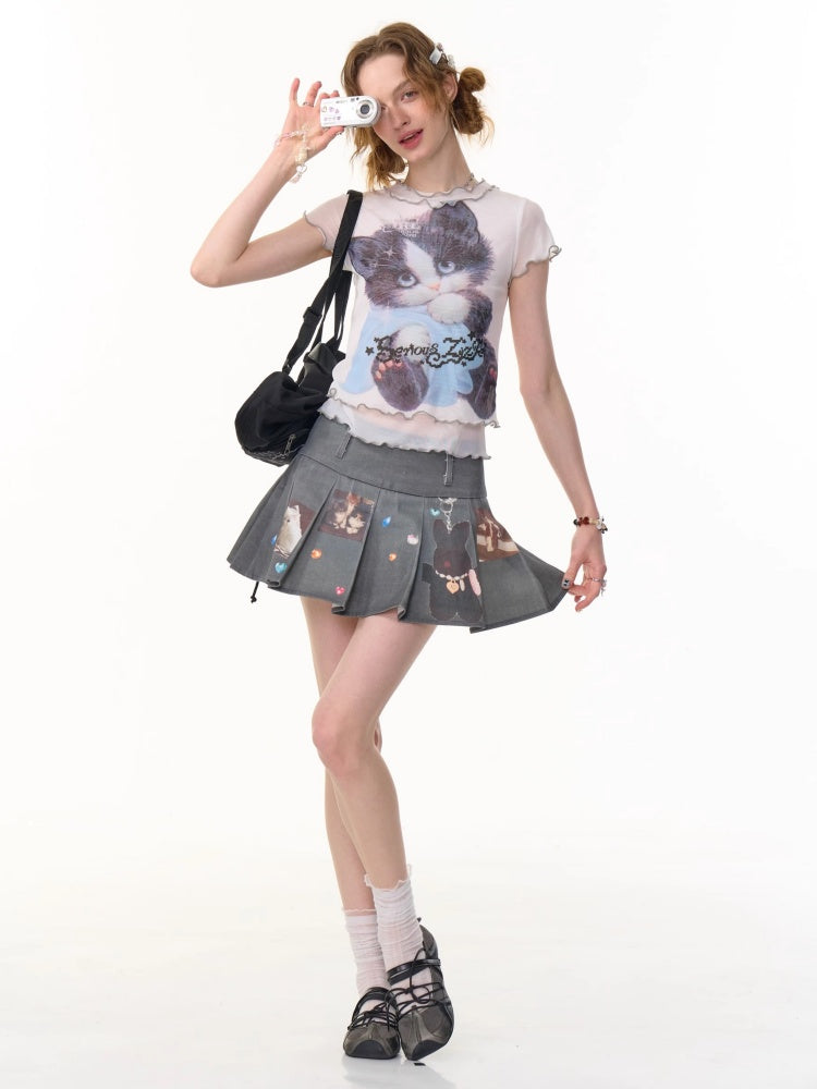 Ruffle Hem Kitten Print Faux Layered T-Shirt【s0000013103】