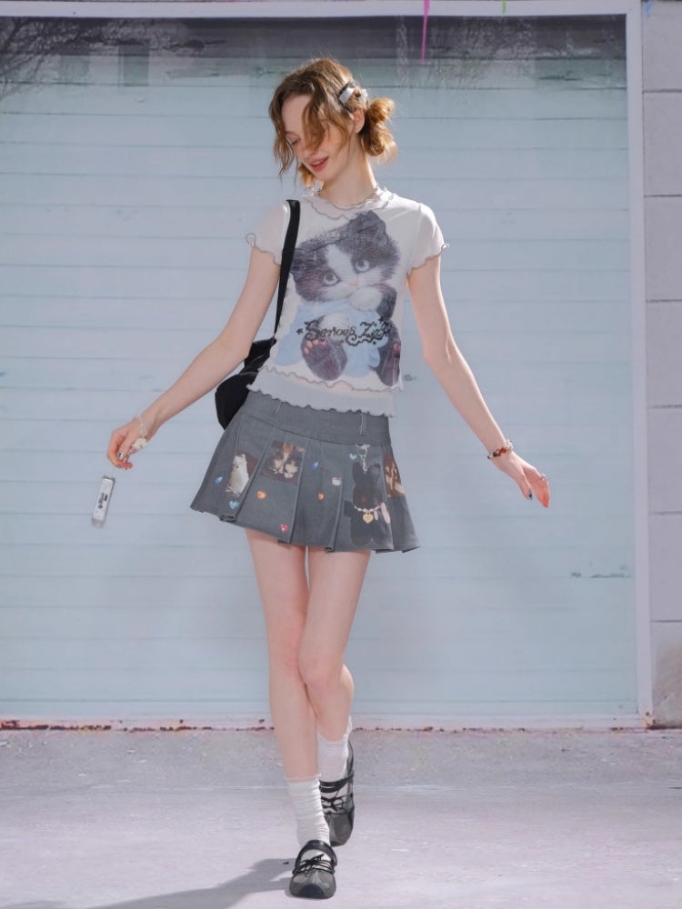 Ruffle Hem Kitten Print Faux Layered T-Shirt【s0000013103】