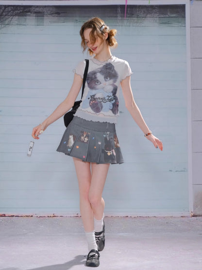 Ruffle Hem Kitten Print Faux Layered T-Shirt【s0000013103】