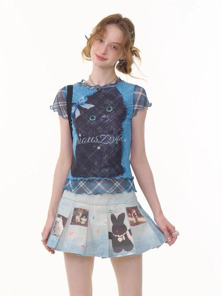 Ruffle Hem Kitten Print Faux Layered T-Shirt【s0000013103】