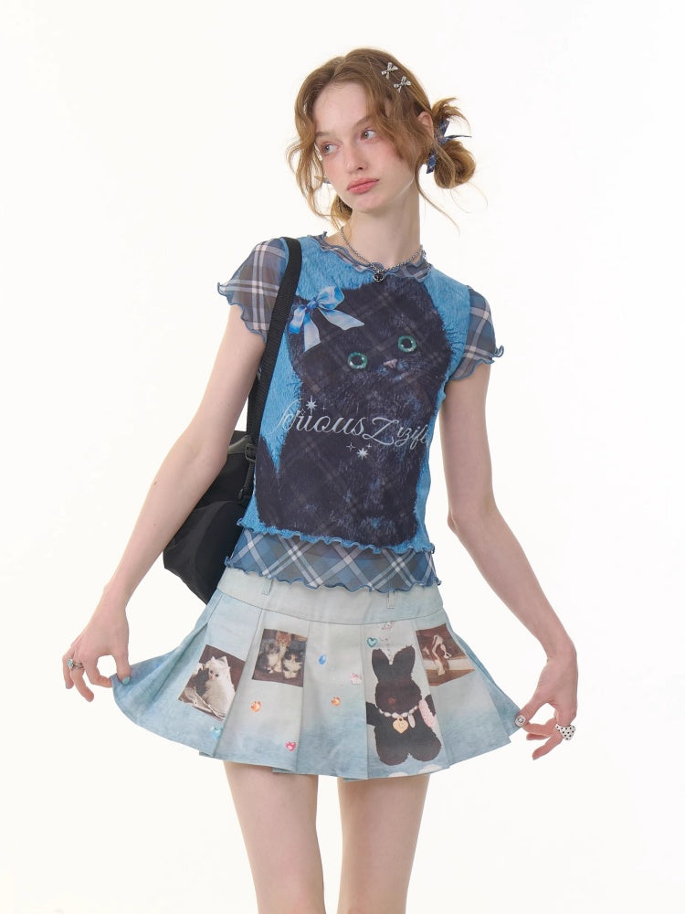 Ruffle Hem Kitten Print Faux Layered T-Shirt【s0000013103】