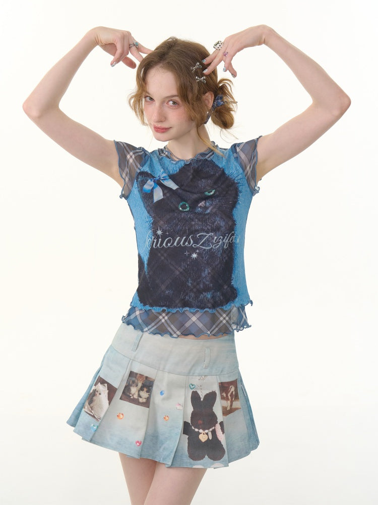 Ruffle Hem Kitten Print Faux Layered T-Shirt【s0000013103】