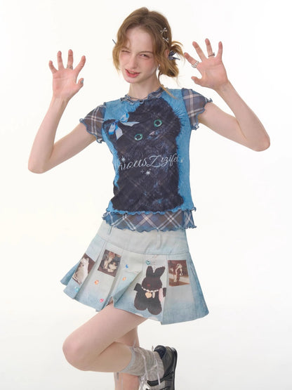 Ruffle Hem Kitten Print Faux Layered T-Shirt【s0000013103】