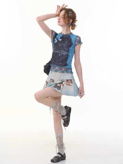 Ruffle Hem Kitten Print Faux Layered T-Shirt【s0000013103】