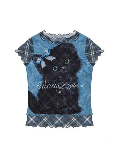 Ruffle Hem Kitten Print Faux Layered T-Shirt【s0000013103】