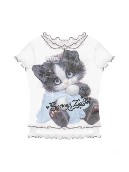 Ruffle Hem Kitten Print Faux Layered T-Shirt【s0000013103】