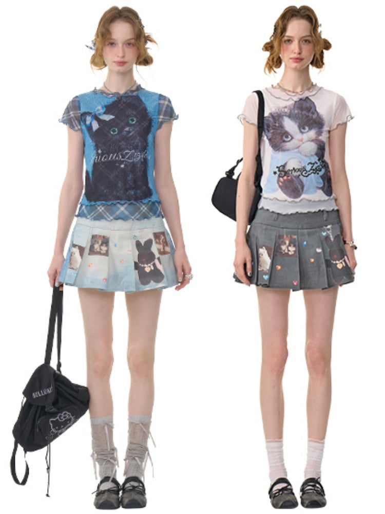 Ruffle Hem Kitten Print Faux Layered T-Shirt【s0000013103】