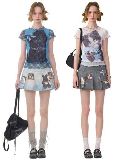 Ruffle Hem Kitten Print Faux Layered T-Shirt【s0000013103】