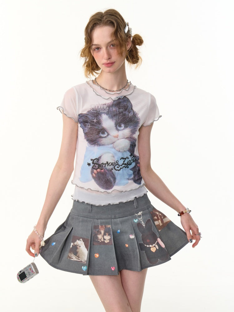 Ruffle Hem Kitten Print Faux Layered T-Shirt【s0000013103】
