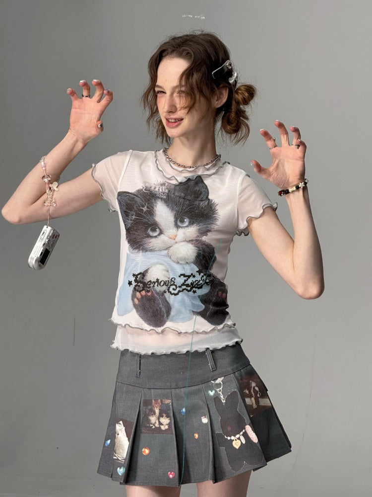 Ruffle Hem Kitten Print Faux Layered T-Shirt【s0000013103】