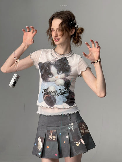 Ruffle Hem Kitten Print Faux Layered T-Shirt【s0000013103】