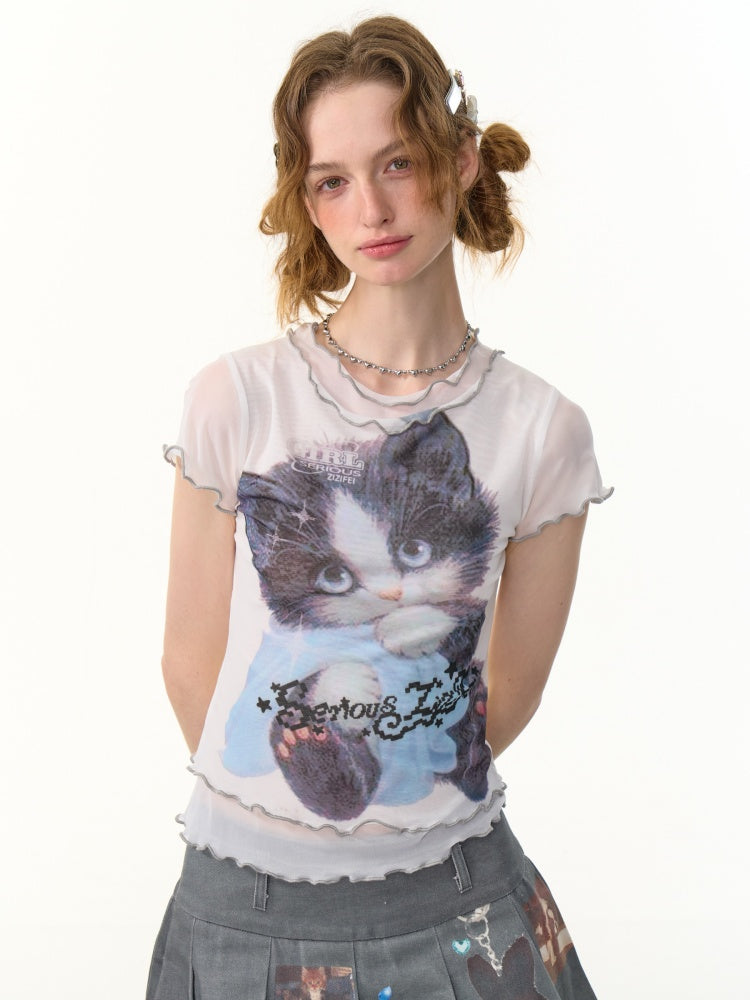 Ruffle Hem Kitten Print Faux Layered T-Shirt【s0000013103】