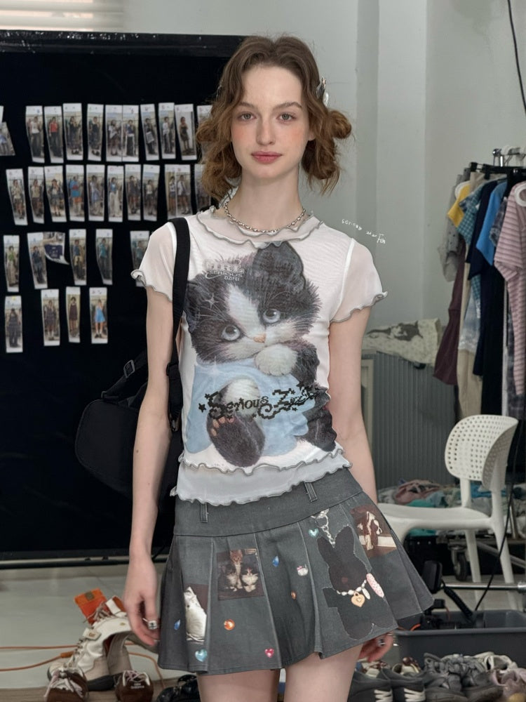 Ruffle Hem Kitten Print Faux Layered T-Shirt【s0000013103】