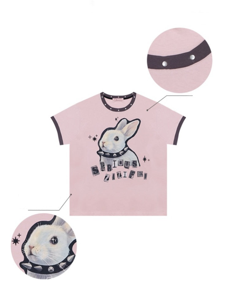 Rabbit Print Rivet  Piping Round Neck Short Sleeve Loose  T-Shirt【s0000013104】