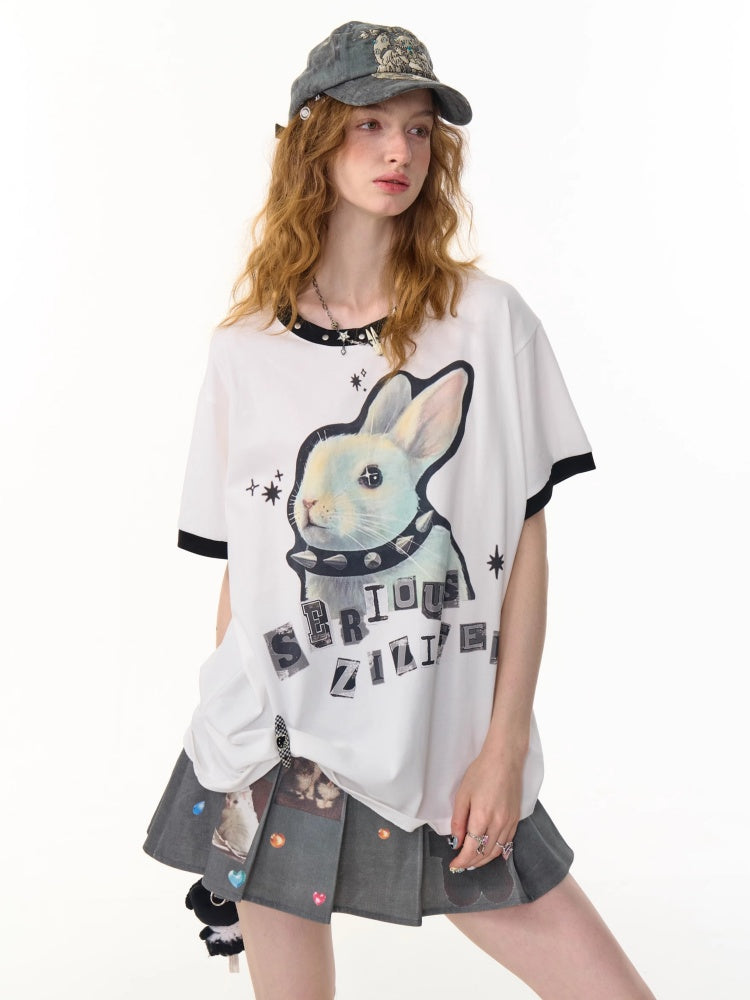Rabbit Print Rivet  Piping Round Neck Short Sleeve Loose  T-Shirt【s0000013104】