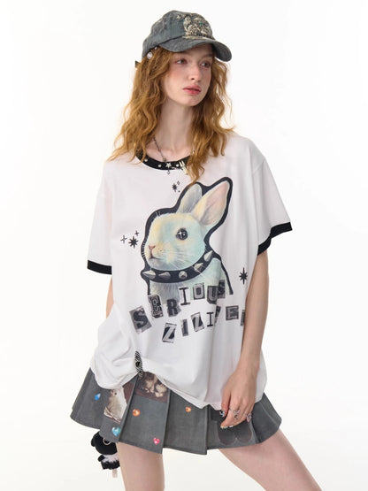 Rabbit Print Rivet  Piping Round Neck Short Sleeve Loose  T-Shirt【s0000013104】