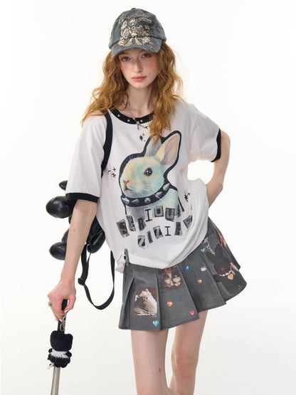 Rabbit Print Rivet  Piping Round Neck Short Sleeve Loose  T-Shirt【s0000013104】